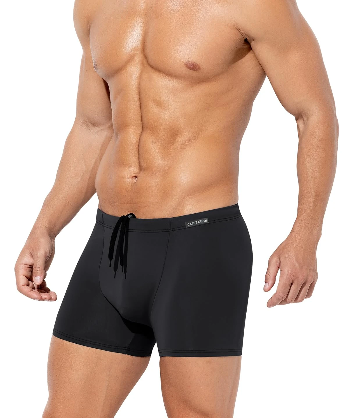 Casey Kevin Men’s Swimming Trunks Quick Dry Surfing Swimwear Drawstring Beach Board Shorts Summer Elastic Swimsuit Bottom,Black-L