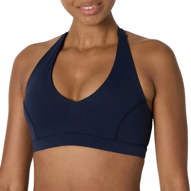 Amazon Essentials Women's Active FormFlex Buttery Soft Light Support Halter V-Neck Sports Bra, Navy, L