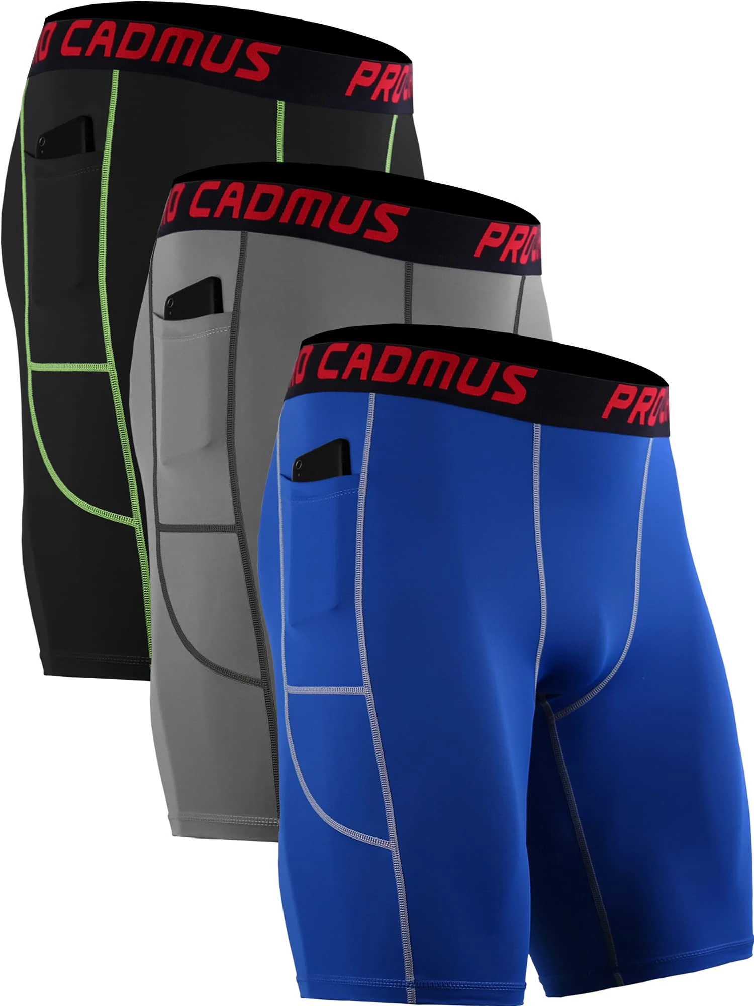 Cadmus 3 Pack Compression Shorts Men Sports Underwear Base Layer Spandex Cycling Shorts Running Workout Gym with Side Pockets,Black & Grey & Blue,2XL