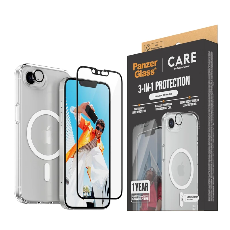 PanzerGlass CARE 3-in-1 Protection Bundle iPhone 16e (2025) Case + Hoops Camera Lens Screen Protector | Military-Grade Drop Protection, Screen Protector Tempered Glass For iPhone 16e