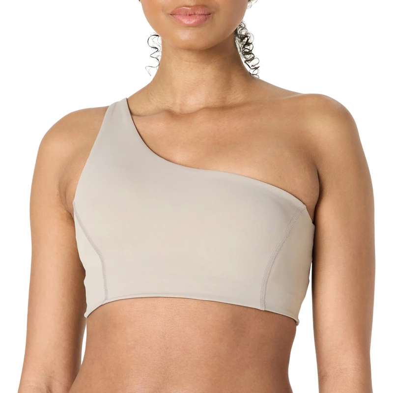 Amazon Essentials Women's Active FormFlex Buttery Soft Light Support One-Shoulder Strappy Back Sports Bra, Taupe, XXL