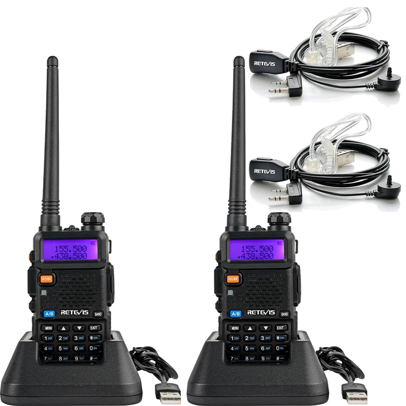 Retevis RT5R Walkie Talkie with Headset, Dual Band Long Range 2 Ham Radio with USB Charger,128 Channels VOX FM Radio Portable Handheld Transceiver for Warehouse, Hunting (2 Pack)