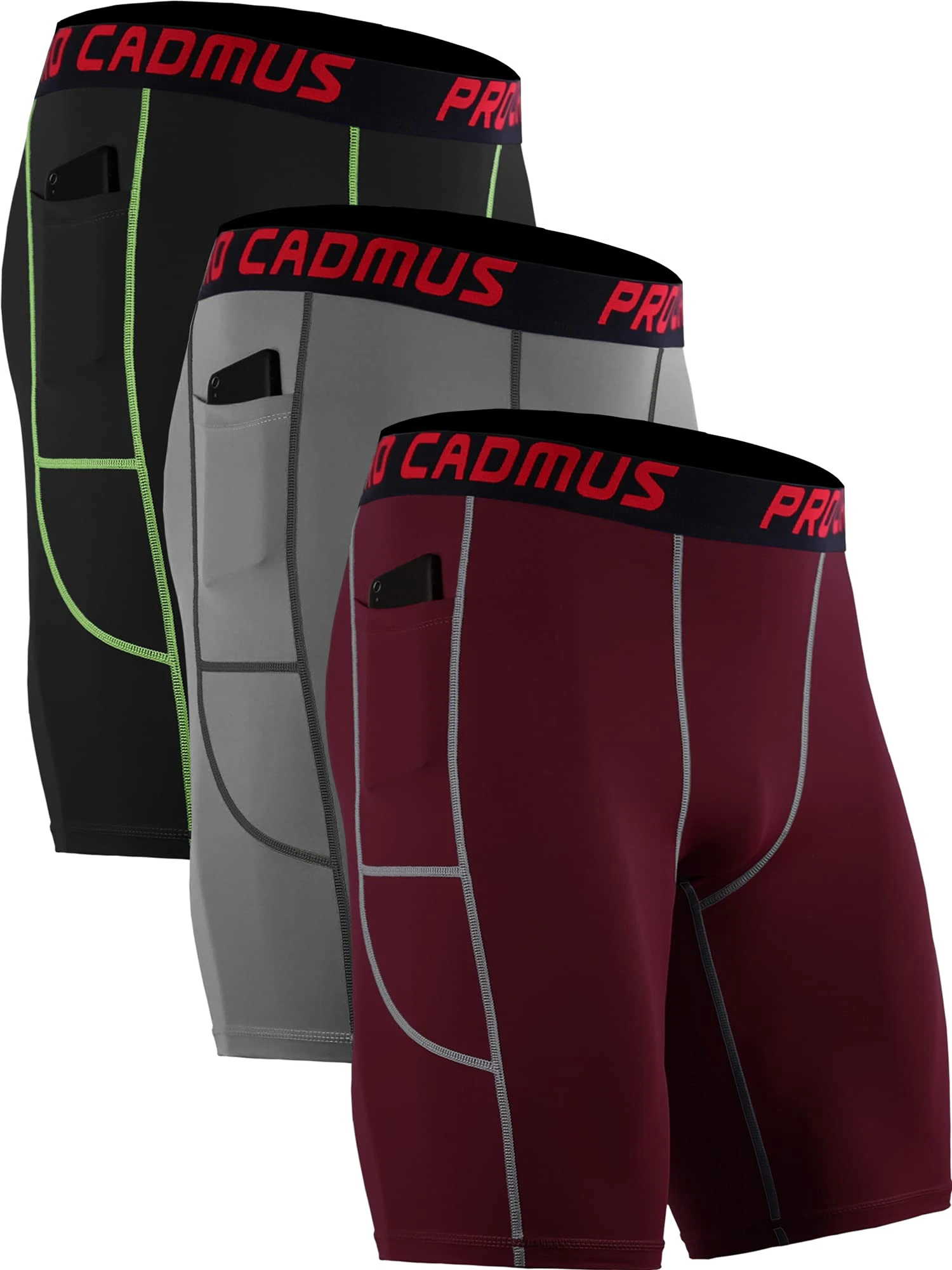 Cadmus 3 Pack Compression Shorts Men Sports Underwear Base Layer Spandex Cycling Shorts Running Workout Gym with Side Pockets,Black & Grey & Red,XL