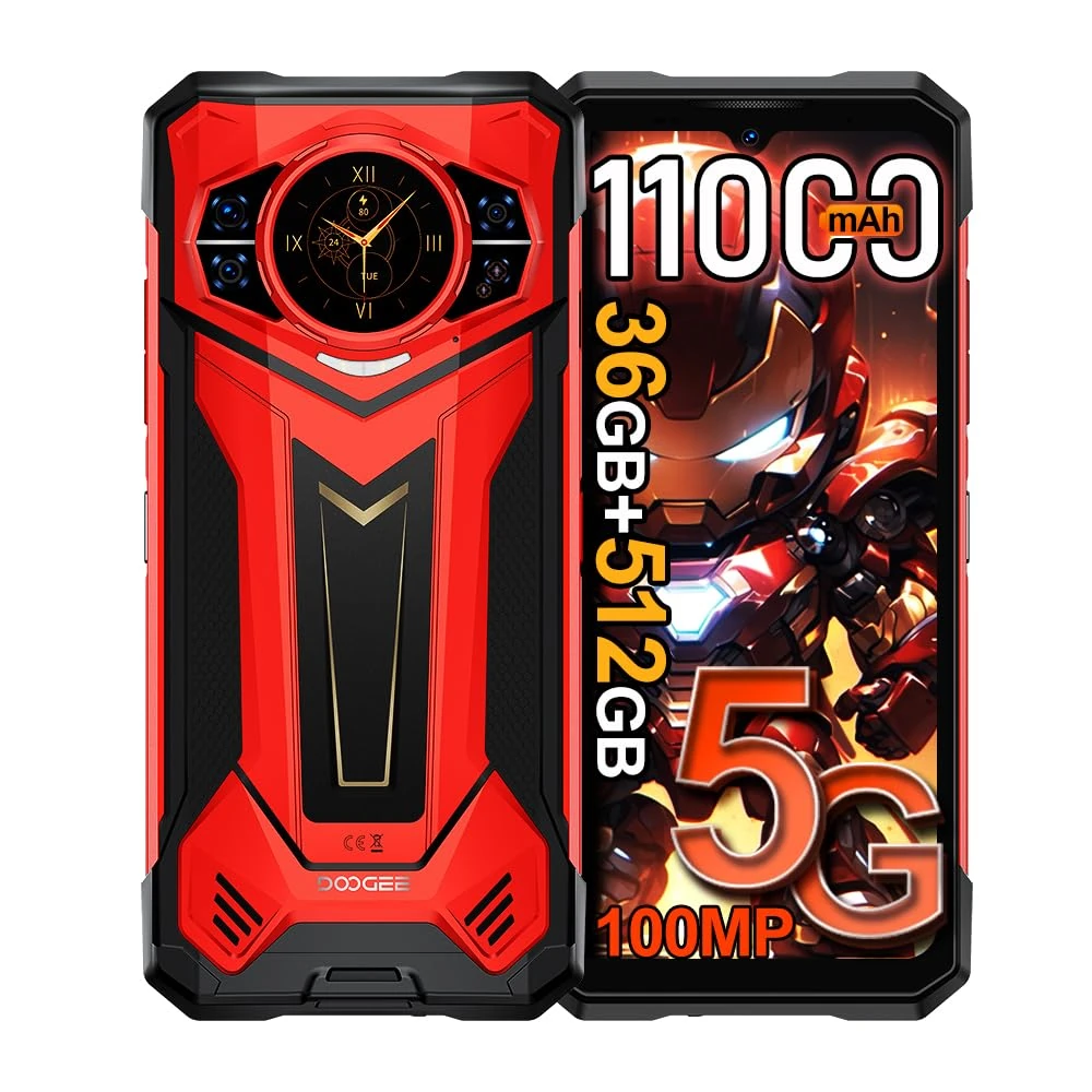 DOOGEE S200 Plus 5G AI Rugged Smartphone with 1.32" AMOLED Rear Display,11000mAh(66W) 36GB+512GB/2TB Android 15 Rugged Phone,100MP+20MP Night Vision,6.72"FHD+120Hz SIM-Free Unlocked Mobile Phones/RED