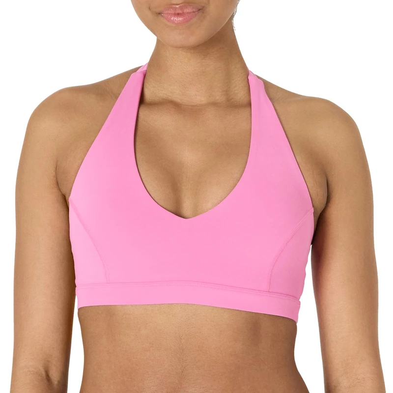 Amazon Essentials Women's Active FormFlex Buttery Soft Light Support Halter V-Neck Sports Bra, Pink, L