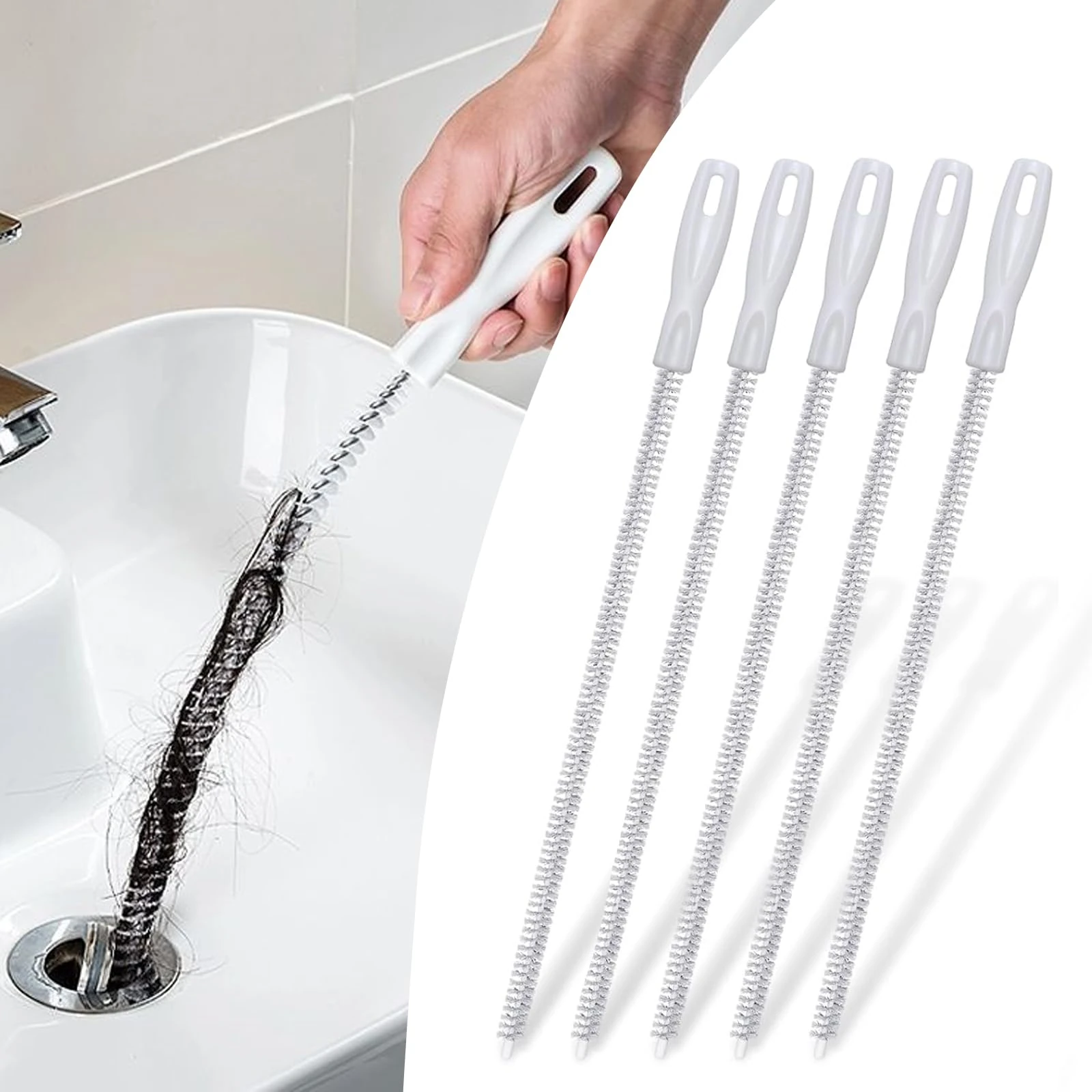 MOXYOY Sink Cleaning Brush, 5Pcs Flexible Sink Unblocker Tool, 45cm White Drain Brush Drain Unblocker Tool for Kitchen Bathroom Drain and Pipe Overflow