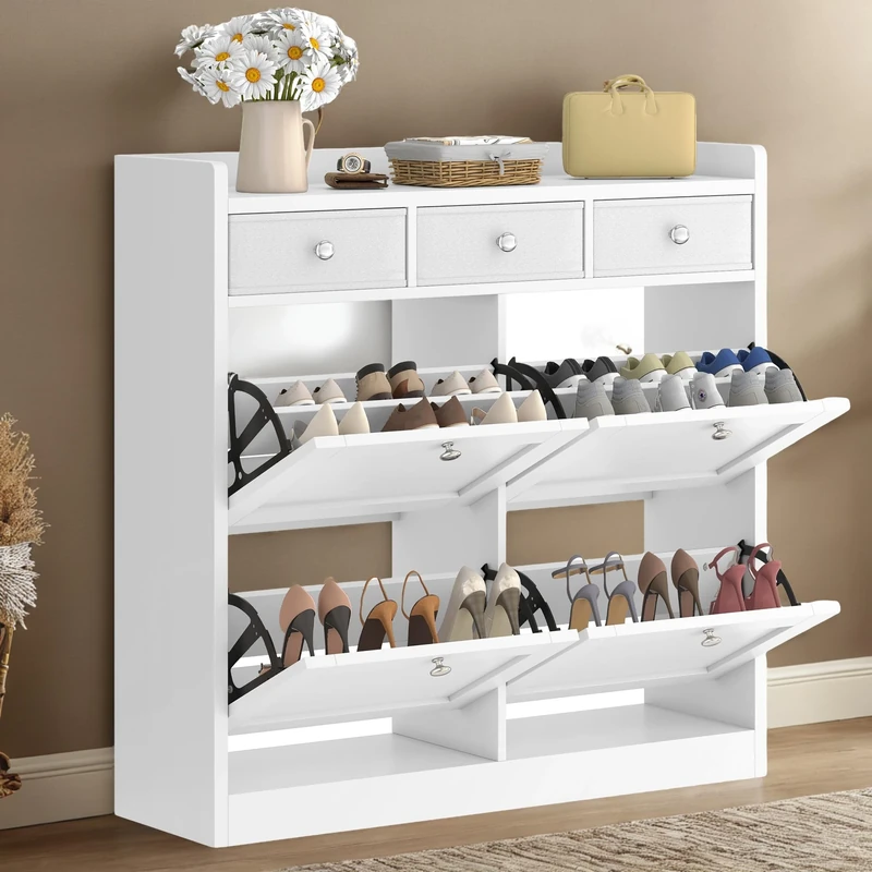 YITAHOME Shoe Storage Cabinet with 4 Flip Drawers, Shoe Cabinet with 3 Fabric Drawer and Adjustable Shelf, for 24 Pairs of Shoes for Hallways and Living Room, White, 100 cm x 99.5 cm x 25 cm