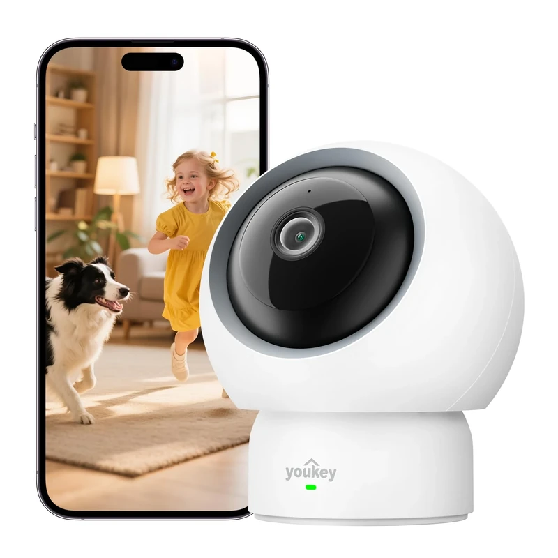 youkey 2.5K Indoor Camera House Security, Human/Pet Detection, Pan/Tilt, Crying Detection for Baby Monitor, Dog Camera, 2.4/5GHz WiFi 6 Home Security Camera Plug-in, Bluetooth Pairing, Two Way Audio