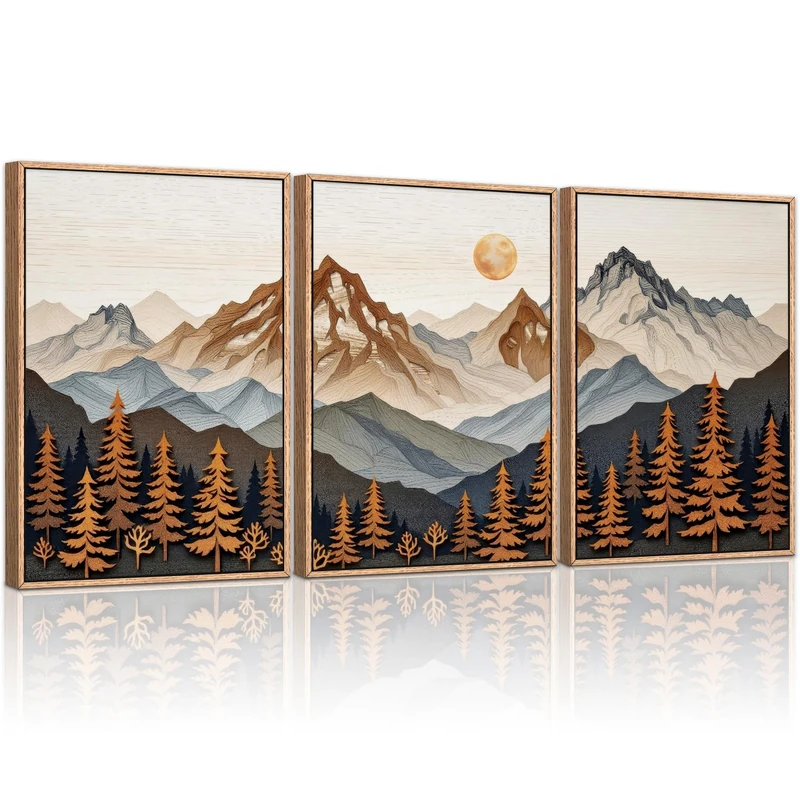 HLNIUC Large Boho Mountain Framed Canvas Wall Art Set,Woodcut Style Mountain Wall Decor,Vintage Forest Pine tree Art Prints,Nature Sunrise Landscape Wall Painting for Living Room,Bedroom - 16”x24”x3