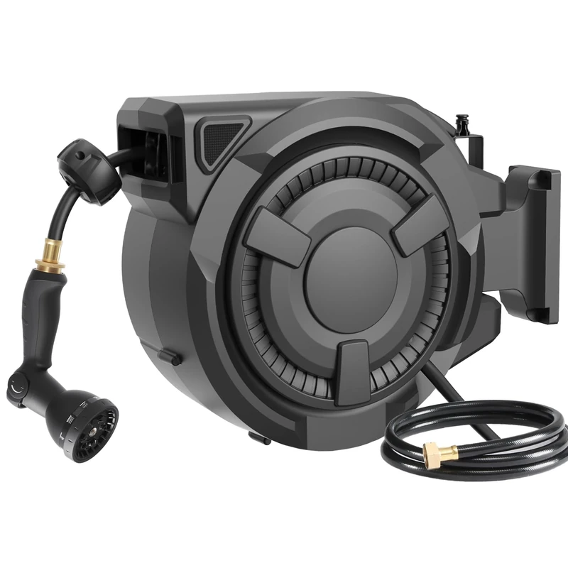 Hose Reel 1/2 in x 100 ft, 180° Swivel Wall-Mounted Garden Hose Reel, Hose Reels for Outside Lock at Any Length, Slow Return System Retractable Hose, Water Hose Reel with 10-Pattern Nozzle, Black