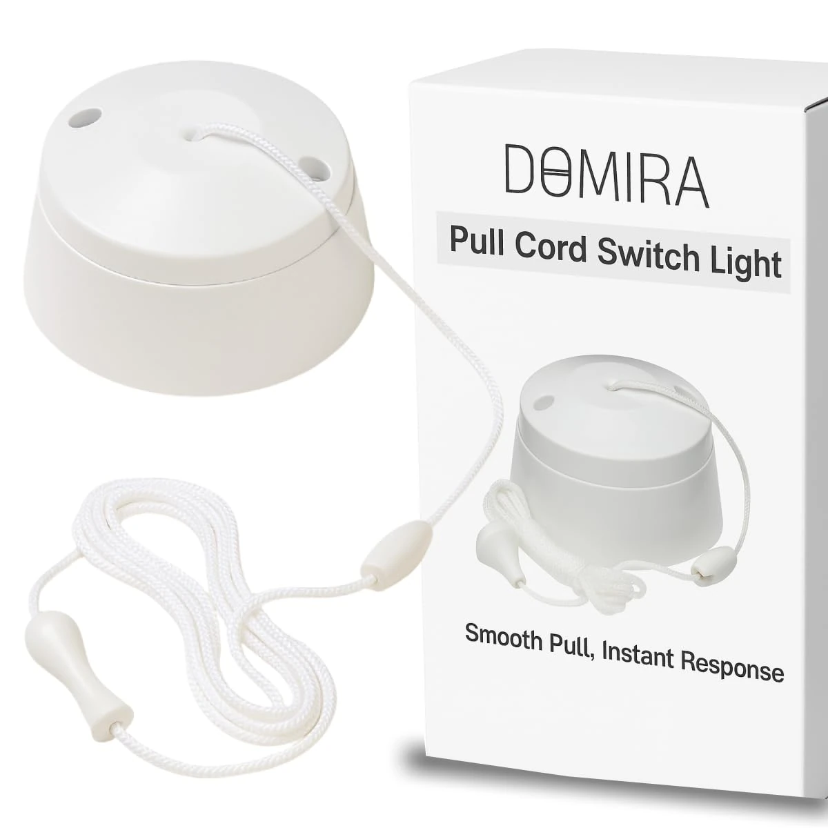DOMIRA Bathroom Pull Cord Switch – 250V~ 10AX, IP20, CE Certified | Ceiling Pull Switch for Lights, White Pull Cord Switch for Bathroom & Ceiling Light Fittings (1 Pack)