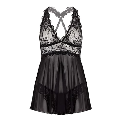Lovehoney Bombshell Babydoll Set Lingerie for Women | Black Lace Womens Nightwear with Plunge Neck | Chemise Women Nighties