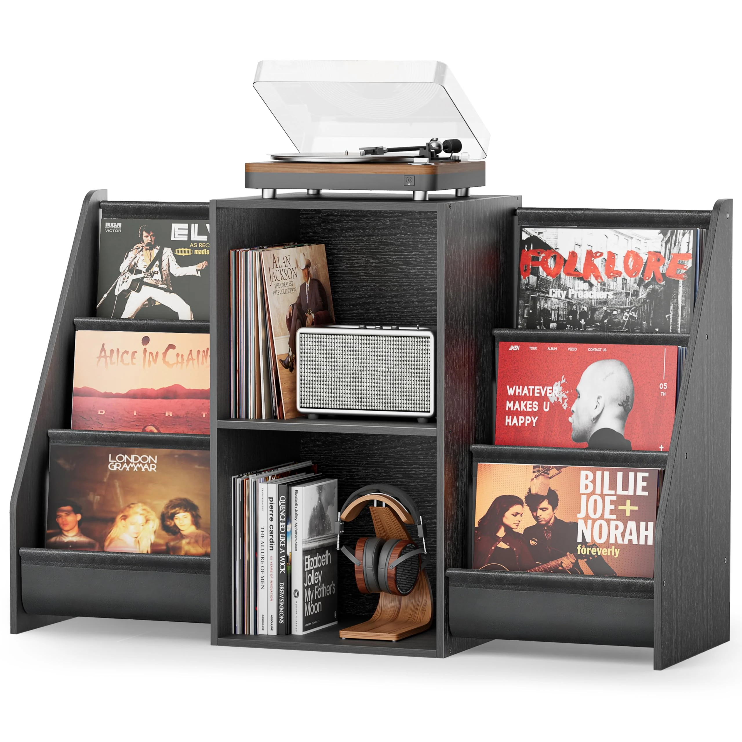 Bikoney Vinyl Record Player Stand with Storage – Turntable Table Cabinet Holds Up to 350 Albums, Media Console with CD Rack for Vinyl, Stereo & Turntable Setup (Vintage Black)