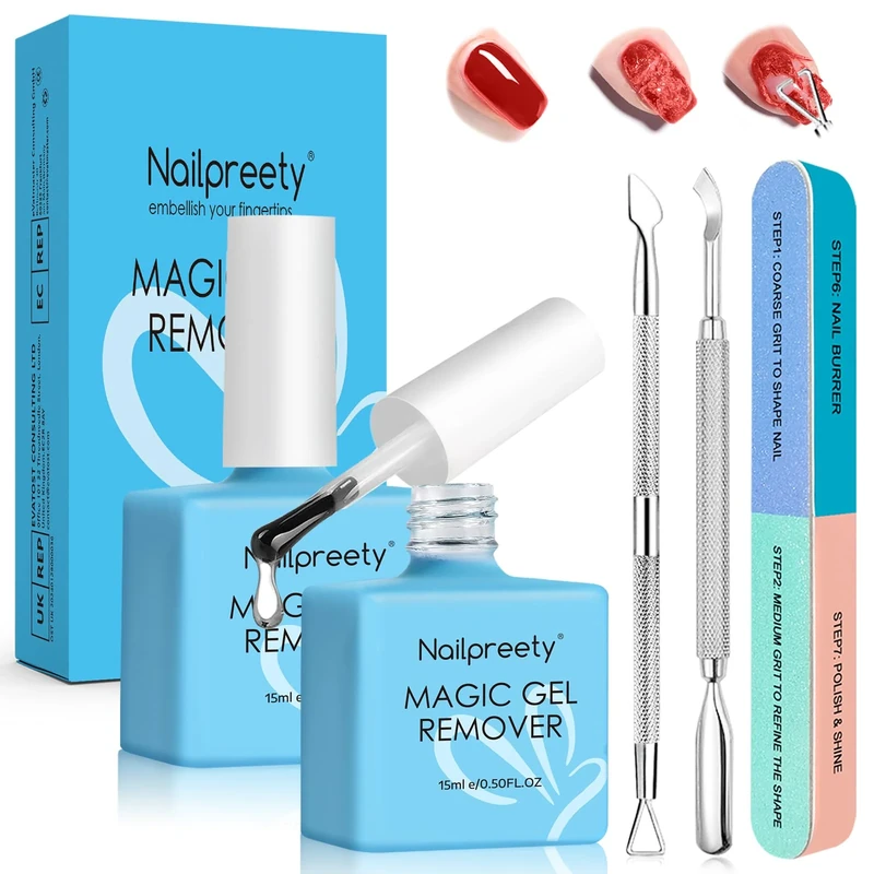 2 x 15ml Gel nail polish remover, Fast gel polish remover, Easily Removes Gel Nail Polish within 2-5 Minutes, Gentle on Nails, Fast-Acting Formula, Quick Removal No Need for Foil, Soaking or Wrapping