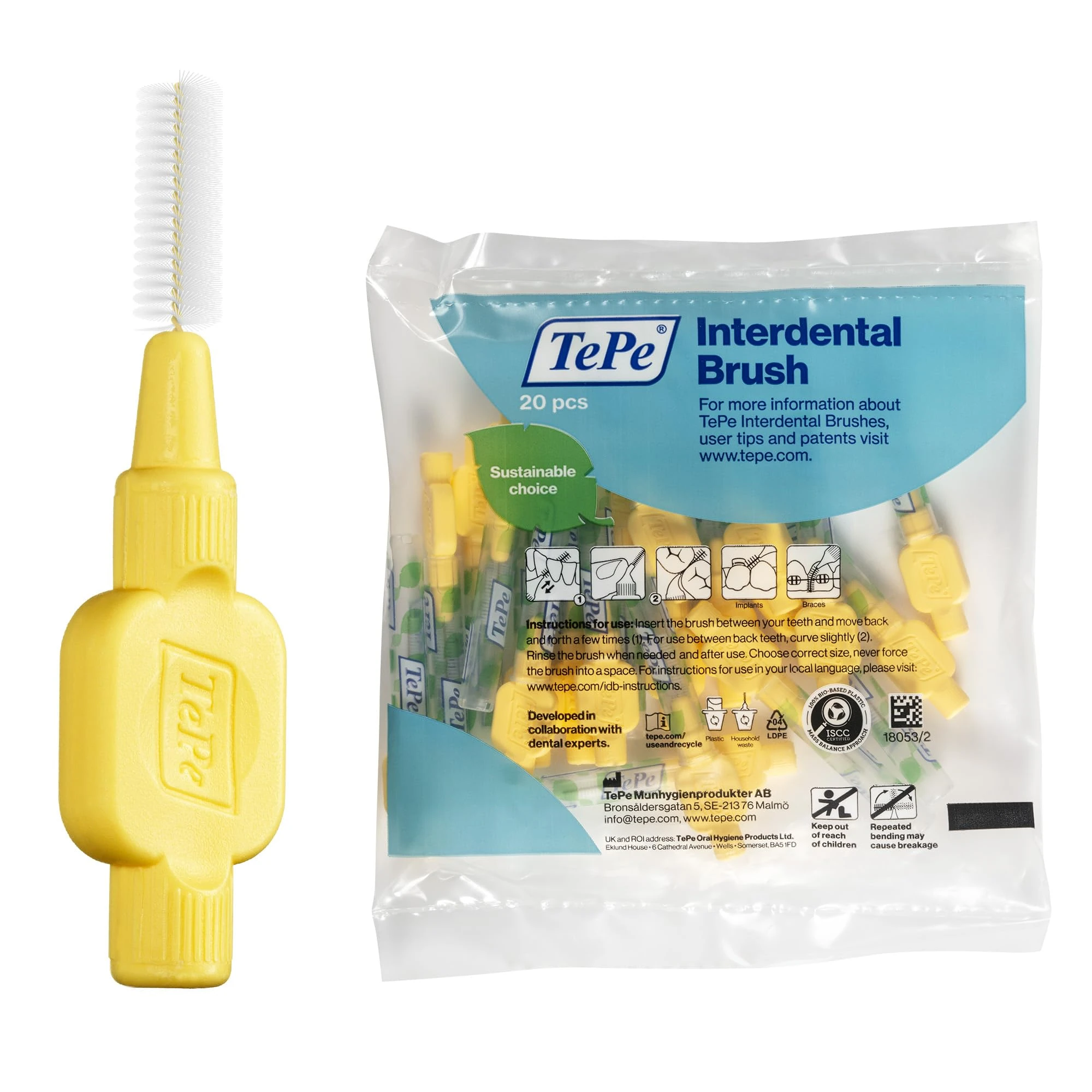 TePe Interdental Brush, Extra Soft, Yellow, 0.7mm/ISO 4, 20pcs, efficient Cleaning Between Teeth, Plaque Remover, Dental flosser for Small Gaps