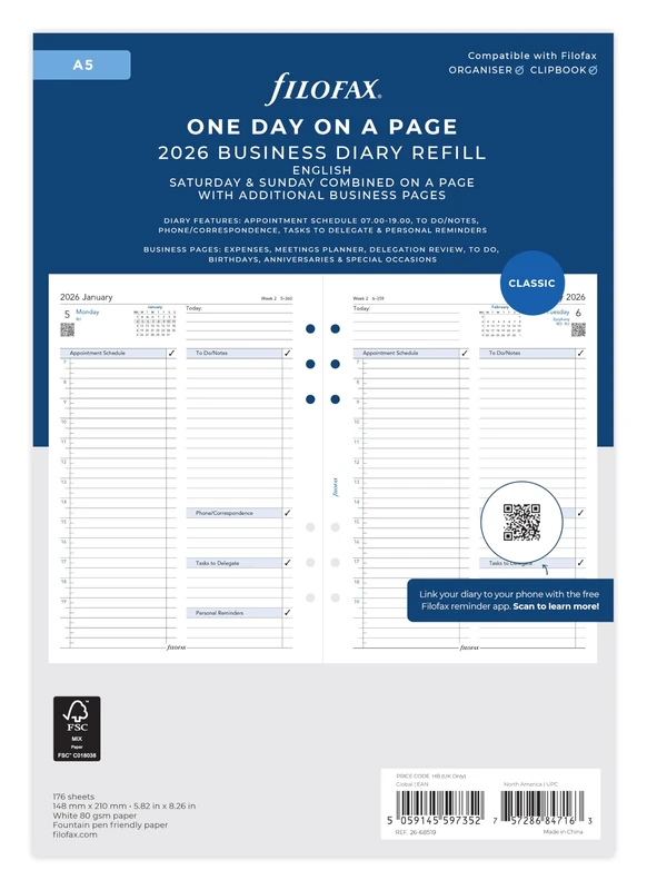 Filofax A5 business day per page English appointments 2026 diary 26-68519
