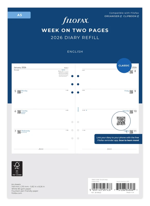 Filofax A5 week on two pages English 2026 diary 26-68522