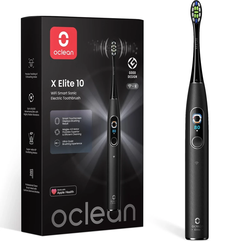 Oclean X Elite 10 Electric Toothbrush, Touchscreen, 12 Tracking Zones, 5 Brushing Modes with Gum Care, Sonic Toothbrush, 40 Days of Battery Life, Quiet 45 dB, Timer, Black