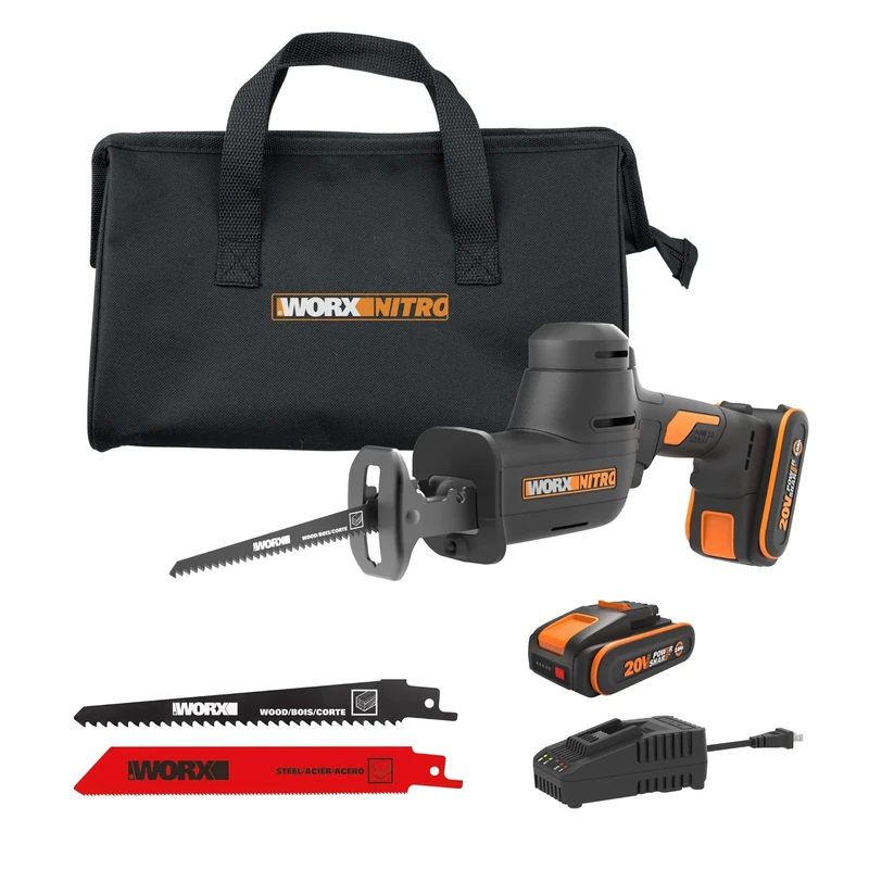 Worx 20V 26mm Nitro Cordless Brushless Reciprocating Saw – WX501, 3,000 SPM, Compact & Lightweight, Tool-Free Blade Change, Adjustable Footplate, LED Light, Includes 2.0Ah Battery & Charger