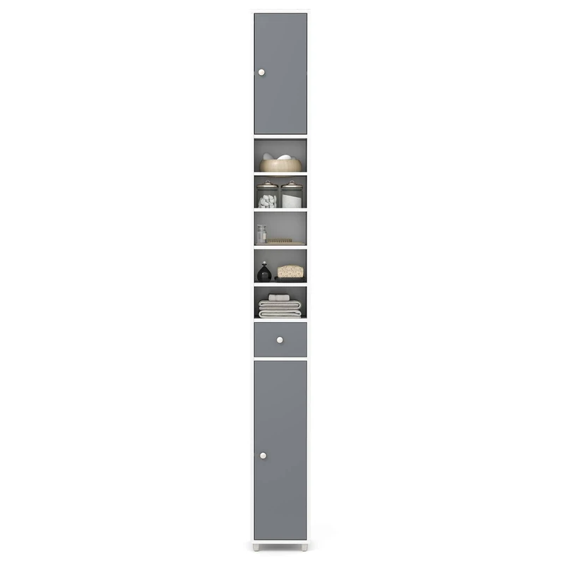RELAX4LIFE Tall Bathroom Cabinet, Free Standing Storage Cupboard with 1 Drawer, 2 Cabinets & 5 Adjustable Open Shelves, MDF Slim Organiser Unit for Bathroom Living Room Kitchen (Grey+White)
