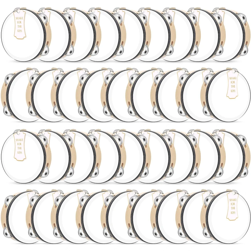 Lukmaa 36 Set 6 Inch Wedding Tambourines Bulk for Adults Wooden Hand Held Drum with Metal Jingles, Gift Tags, White Tambourine Gift Musical Instrument for Church Wedding Party Favor