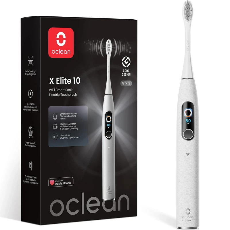 Oclean X Elite 10 Electric Toothbrush, Touchscreen, 12 Tracking Zones, 5 Brushing Modes with Gum Care, Sonic Toothbrush, 40 Days of Battery Life, Quiet 45 dB, Timer, Gray