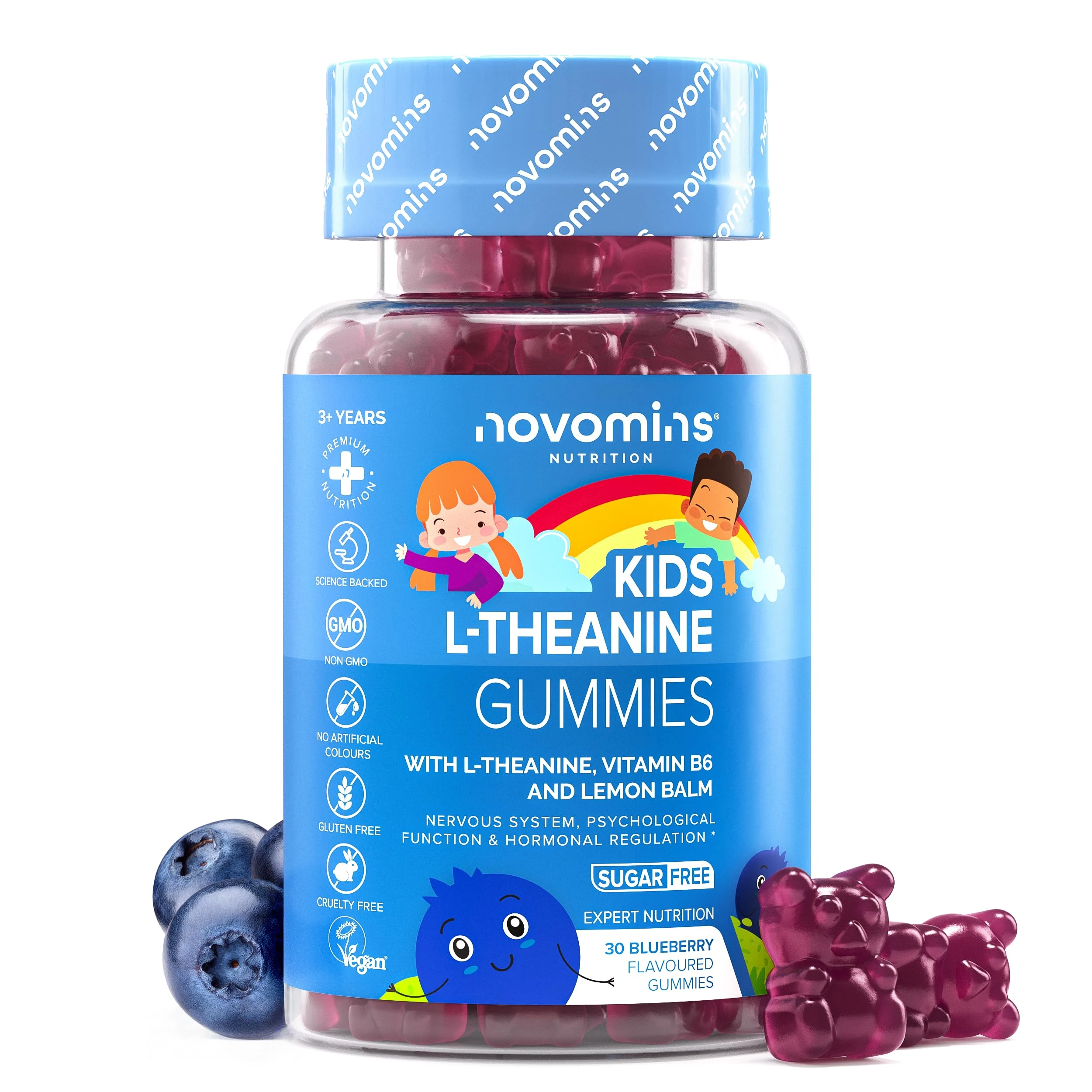 Kids L Theanine Gummies - 1 Month Supply - 50mg with Lemon Balm & Vitamin B6 to Improve Kids' Focus & Concentration - 30 Count - Vegan L Theanine Supplements Gummies - Novomins