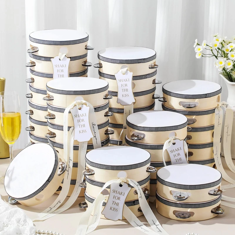 Lukmaa 36 Set 4 inch Wedding Tambourines Bulk for Adults Wooden Hand Held Drum with Metal Jingles, Gift Tags, White Tambourine Gift Musical Instrument for Church Wedding Party Favor