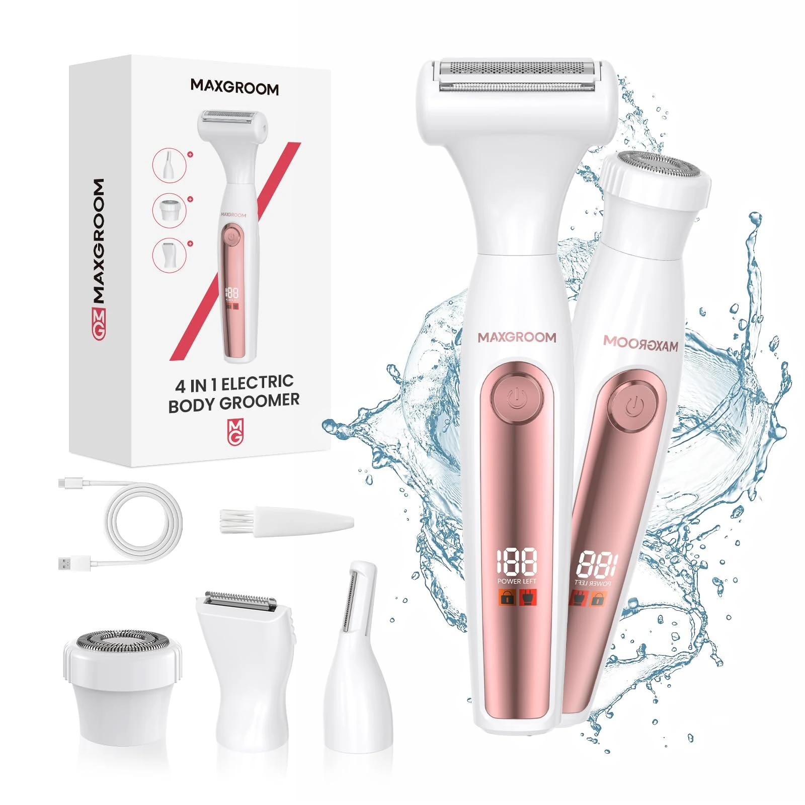 MAXGROOM Electric Bikini Trimmer Women,4-in-1 Lady Shavers 120Mins Rechargeable Pubic Hair Trimmer with LED Diaplay,IPX6 Waterproof Dual Head Body Razor for Face,Leg,Armpits,Intimate,Eyebrow,Pube