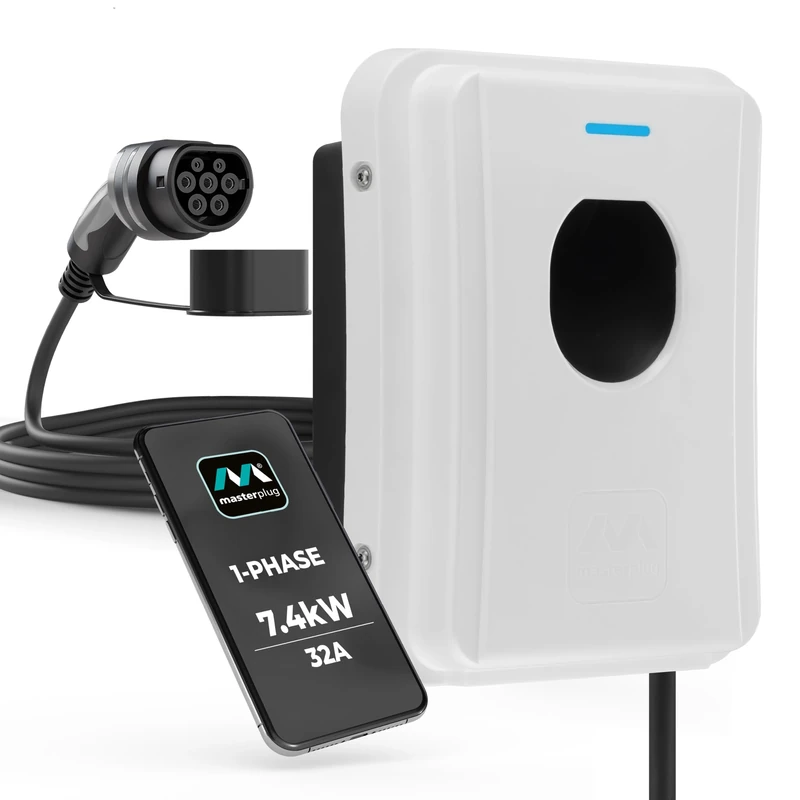 Masterplug Smart EV Home Wall Charger for Type 2 Electric and Plug-In Hybrid Vehicles, Tethered with 5m Cable, Mode 3, App Control, Solar Charging, Single Phase, White, IP65, 7.4kW, 32A, EVCM3ST7W-MP