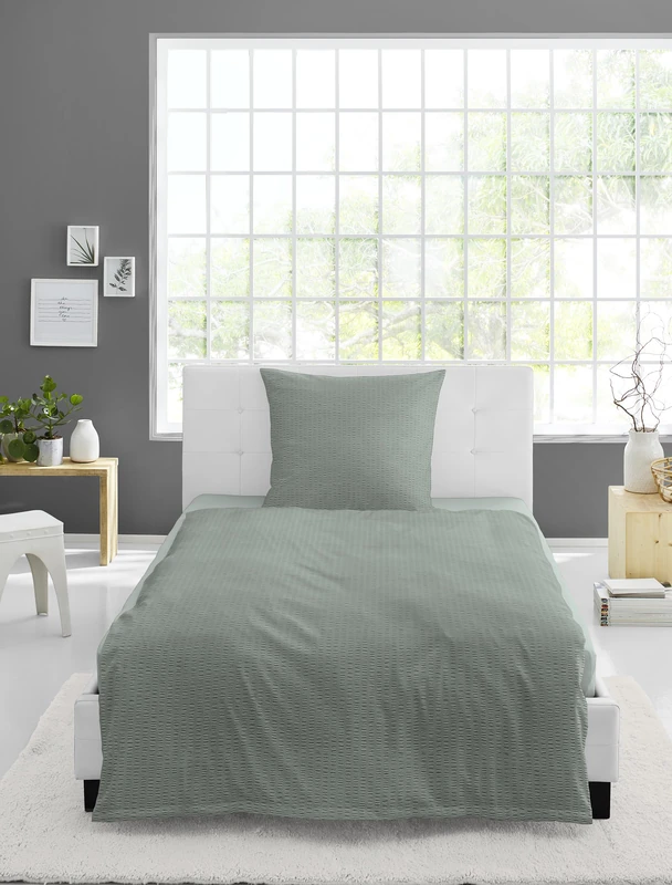 Bierbaum Bed Linen, 3000, Seersucker Uni, Designed in Germany, Lime 30, 155 x 220 + 80 x 80 cm, Comfort Size