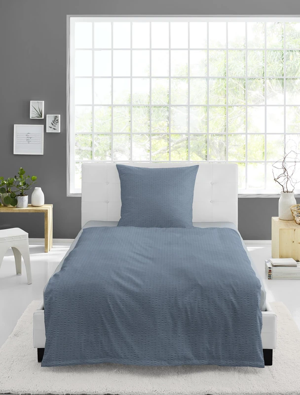Bierbaum Bed Linen, 3000, Seersucker Plain, Designed in Germany, Blue 29, 155 x 220 + 80 x 80 cm, Comfort Size