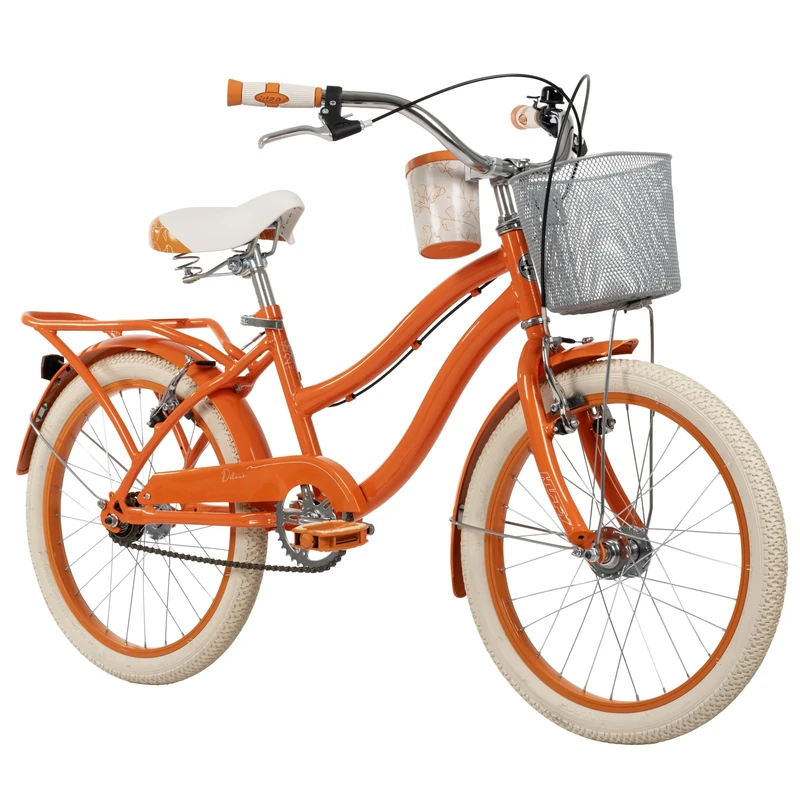 Huffy Deluxe Cruiser Girls's Bike 20", Vintage Style Bike, Padded Seat, Bell, Basket, Matching Mudguards, Cup Holder - Orange