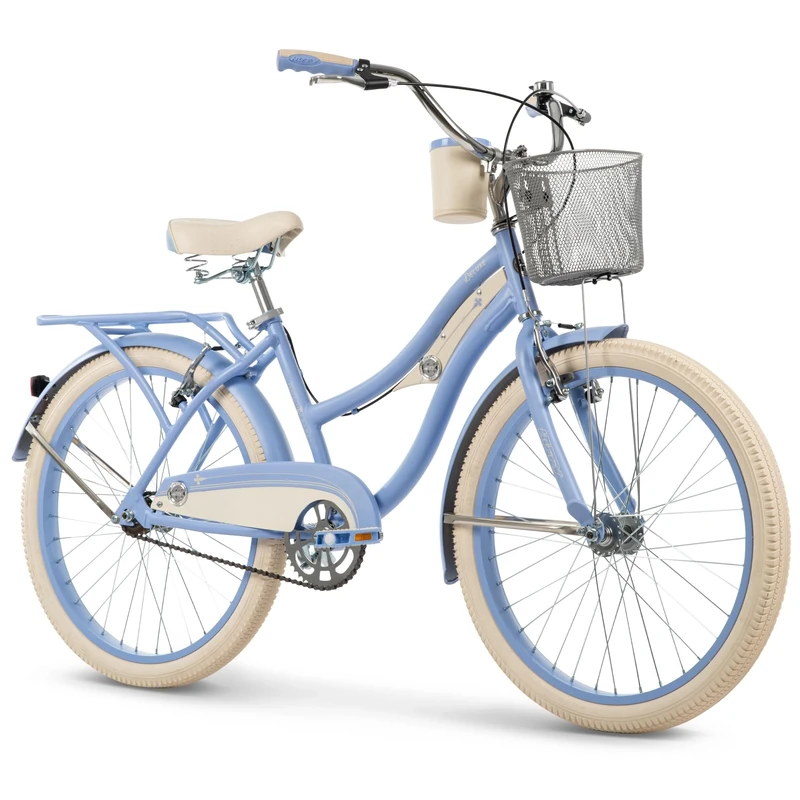 Huffy Deluxe Cruiser Women's Bike 24", Vintage Style Bike, Padded Seat, Bell, Basket, Matching Mudguards, Cup Holder -Periwinkle Blue