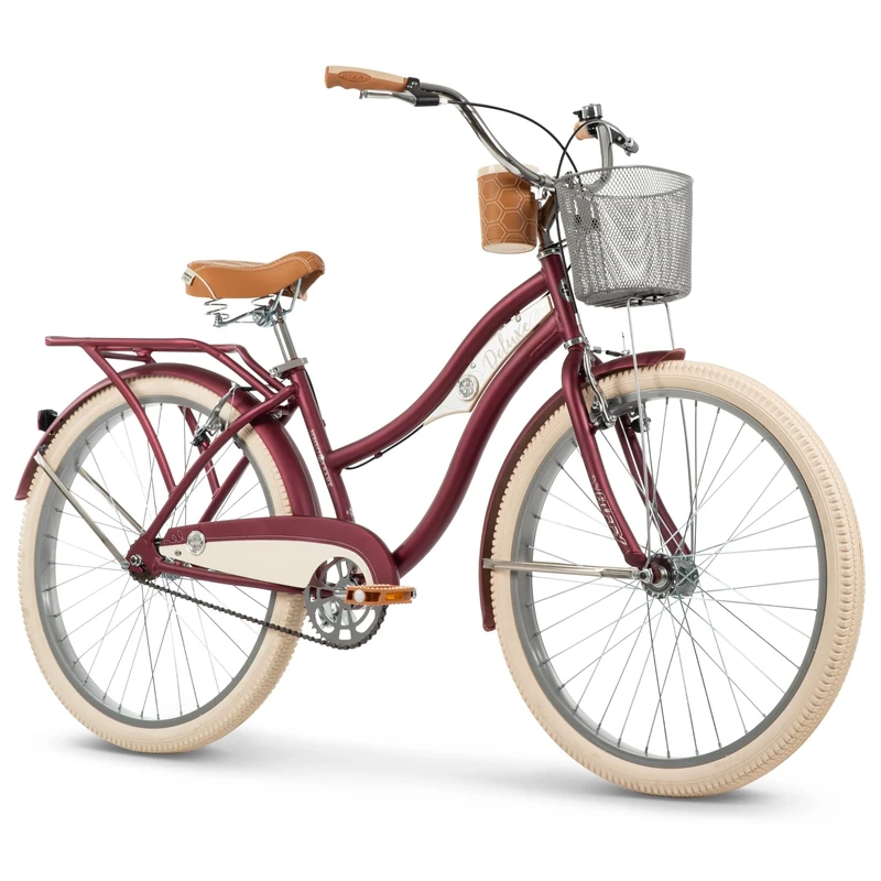 Huffy Deluxe Cruiser Women's Bike 26", Vintage Style Bike, Padded Seat, Bell, Basket, Matching Mudguards, Cup Holder- Dark Berry
