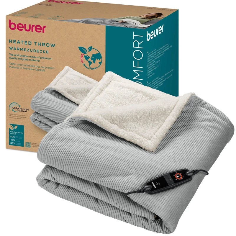 Beurer HD 81 Cord Light Grey Heated Blanket, Heated Blanket with 6 Temperature Settings, Recycled Materials, Automatic Switch-Off and Safety System, Cosy Blanket Made from Trendy, Soft Cord Fabric