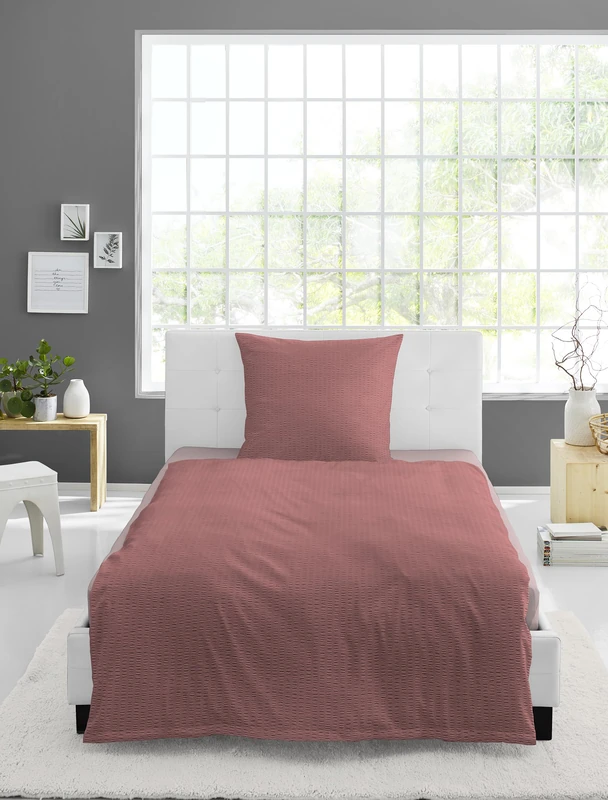 Bierbaum Bed Linen, 3000, Seersucker Plain, Designed in Germany, Rose 60, 155 x 220 + 80 x 80 cm, Comfort Size