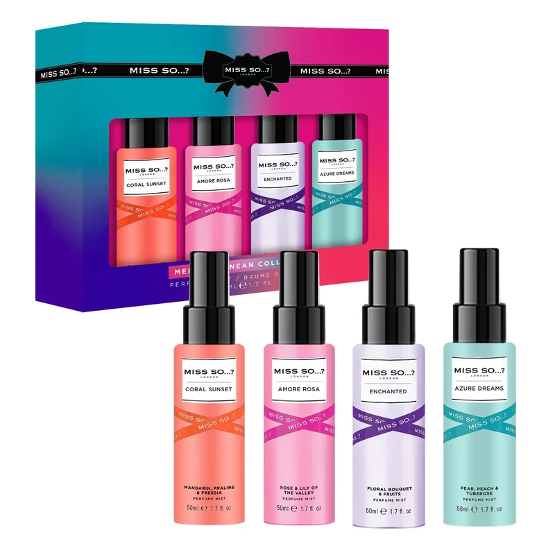 Miss SO...? Mediterranean Womens Body Mist Gift Set, Fragrance Sprays For Women, 4x50 ml