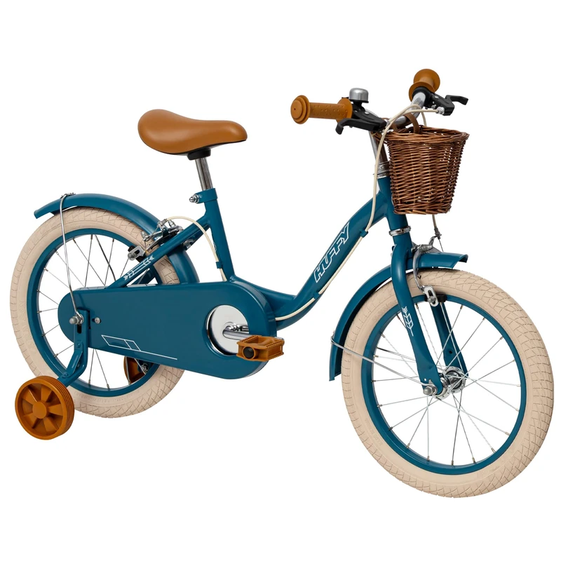 Vintage 16 Inch Childrens Bike, Emerald Blue Retro Bicycle with Stabilisers, Adjustable Seat, Dual Hand Brakes, Classic Cruiser Style for Ages 5 to 9