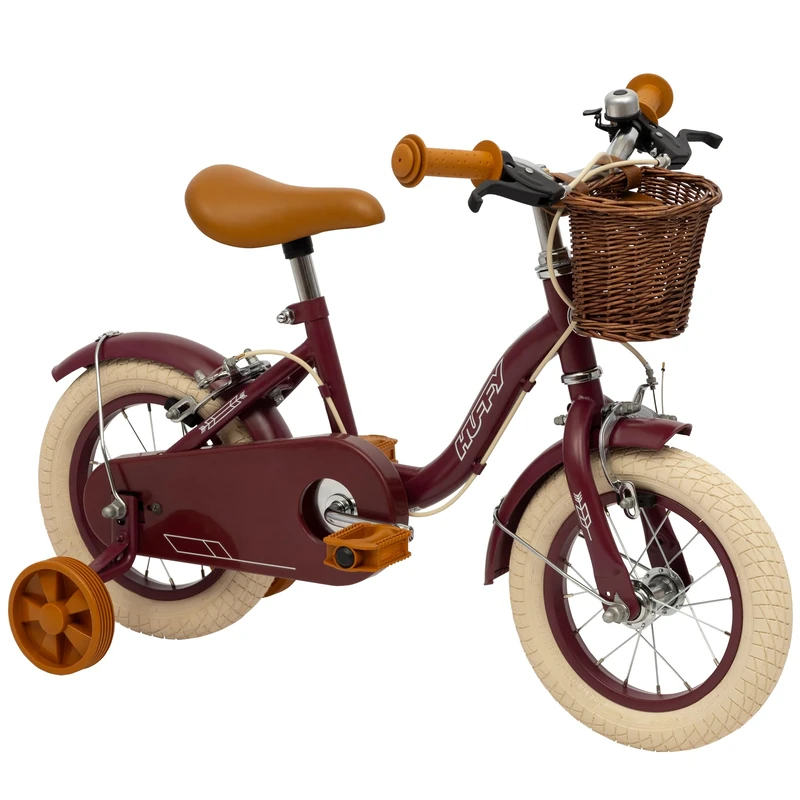Vintage 12 Inch Childrens Bike, Burgundy Matte Retro Bicycle with Stabilisers, Adjustable Seat, Dual Hand Brakes, Classic Cruiser Style for Ages 3 to 5