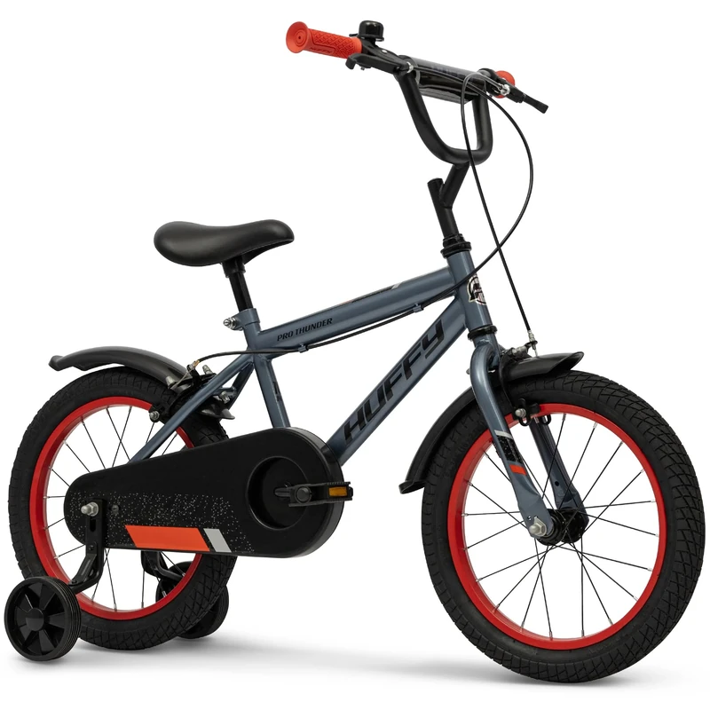 Huffy Pro Thunder 16-inch Kid's Bike, aged 5-7 years, Charcoal Grey, Removable Stabilisers, Chainguard, Front and Rear Mudguards, Dual Caliper Brakes