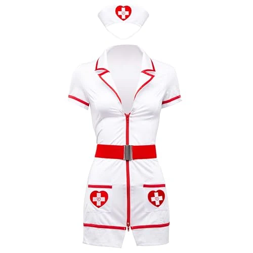 Lovehoney Flirty Nurse Costume | Adult Nurse Outfits for Women | Halloween Costume Hospital Nurses Outfit Fancy Dress with Hat | Womens Fancy Dress | Sizes 8-22