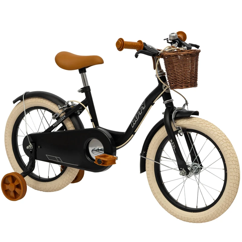 Vintage 16 Inch Childrens Bike, Matte Black Retro Bicycle with Stabilisers, Adjustable Seat, Dual Hand Brakes, Classic Cruiser Style for Ages 5 to 9