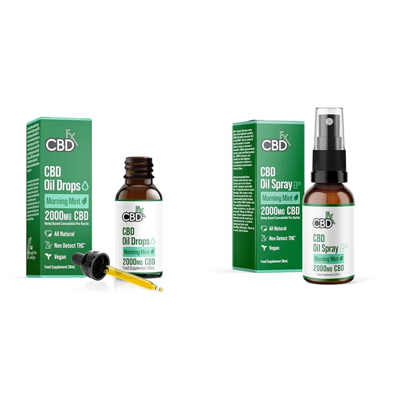 CBDfx 2000mg CBD High Strength Oil Dropper & Spray, Morning Mint Flavoured CBD Oil, Vegan, Non-GMO, Blended with MCT Oil, Improved Purity, No THC, 30ml (40 Days)