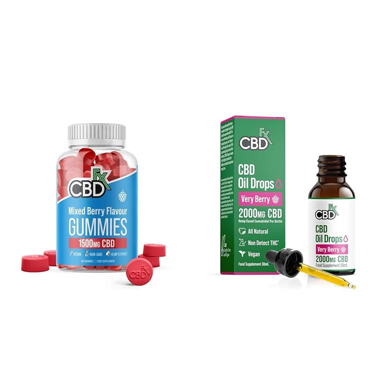 CBDfx 1500mg High Strength Vegan Mixed Berry Gummies 25mg per Gummy 60x Bottle & 2000mg CBD Oil, High Strength CBD Oil, Very Berry Flavoured CBD Oil Drops