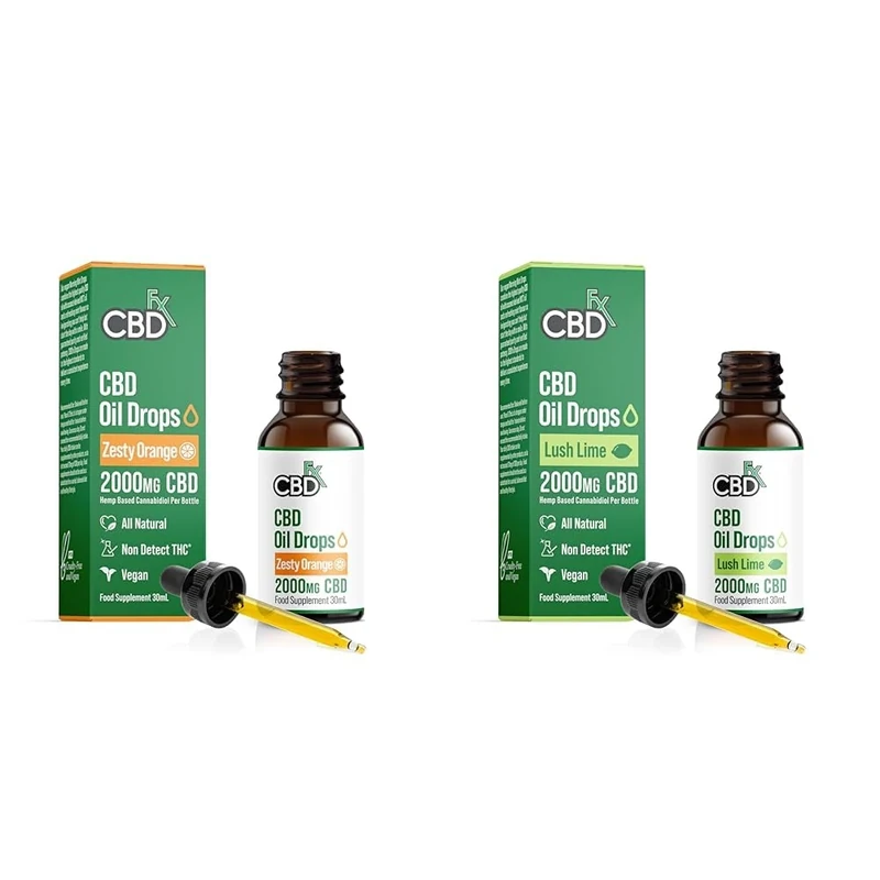 CBDfx 2000mg CBD Oil, High Strength CBD Oil, Zesty Orange Flavoured CBD Oil Dropper & 2000mg CBD Oil, High Strength CBD Oil, Lush Lime Flavoured CBD Oil Dropper
