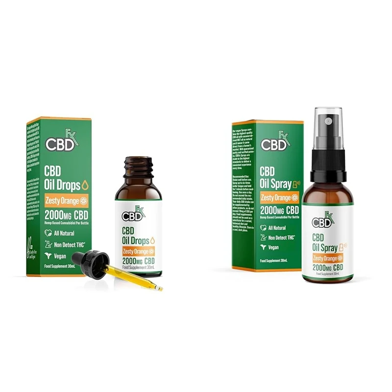 CBDfx 2000mg CBD Oil, High Strength CBD Oil, Zesty Orange Flavoured CBD Oil Drops & 2000mg CBD Spray High Strength Flavoured CBD Oil Zesty Orange