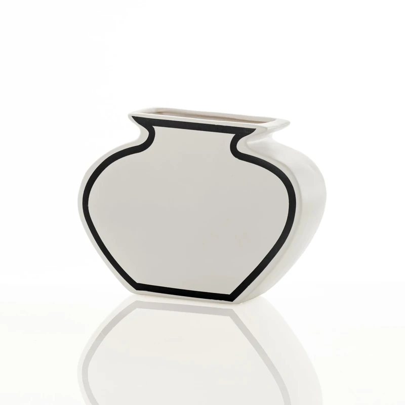 WINK DESIGN, LINEA-A Vase - Ceramic Vase - White Matt Finish - Black Details - 35 x 10 x 25 cm