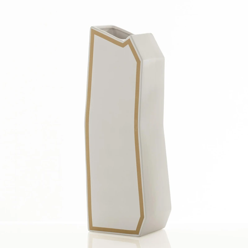 WINK DESIGN, LINEA-D GOLD vase - ceramic vase - white matt finish - gold details - 17x13x50 cm