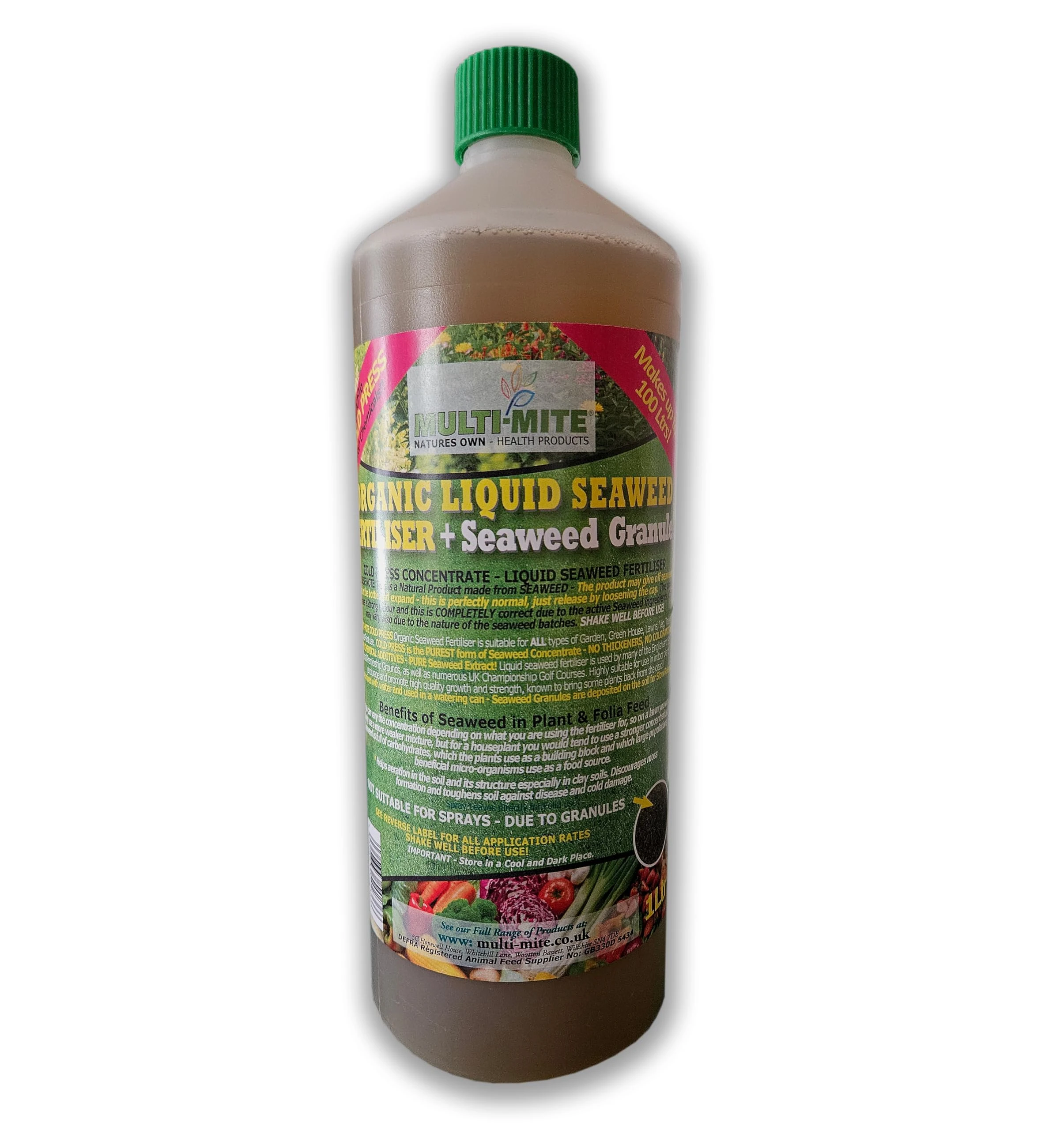 Multi-Mite 1 Ltr Liquid Seaweed + Granules Organic Cold Pressed Concentrate - 100% Natural - Plant Feed Fertiliser Trees Lawn Veg & House Plants Root or Foliar Feed (1 Litre WITH GRANULES)